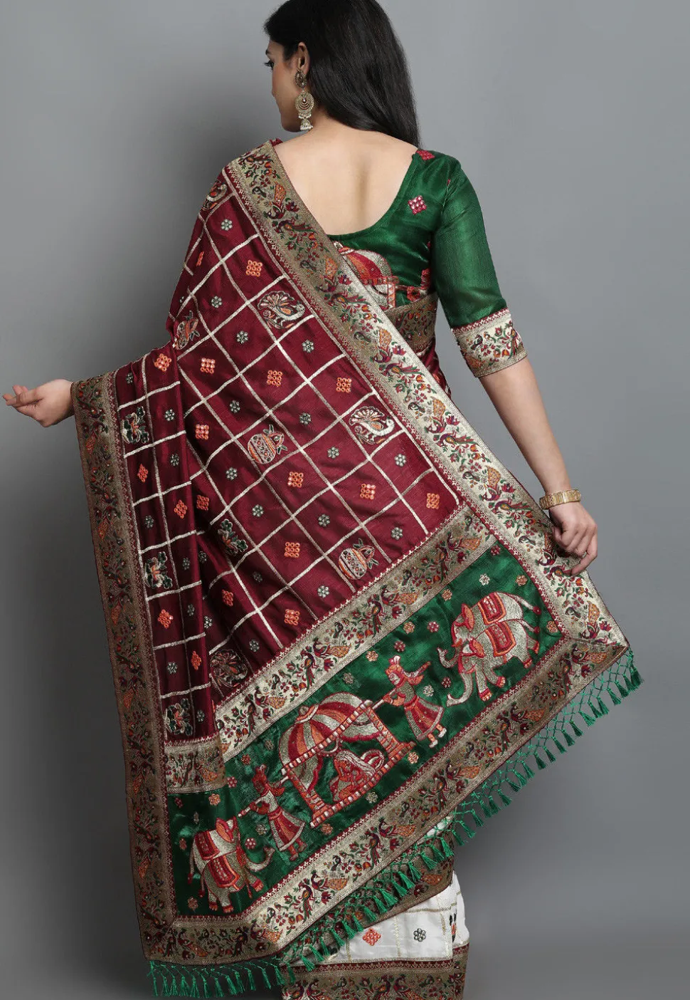 Embroidered Art Silk Saree in Maroon and Off White