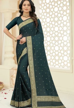 Embroidered Art Silk Saree in Dark Teal Blue