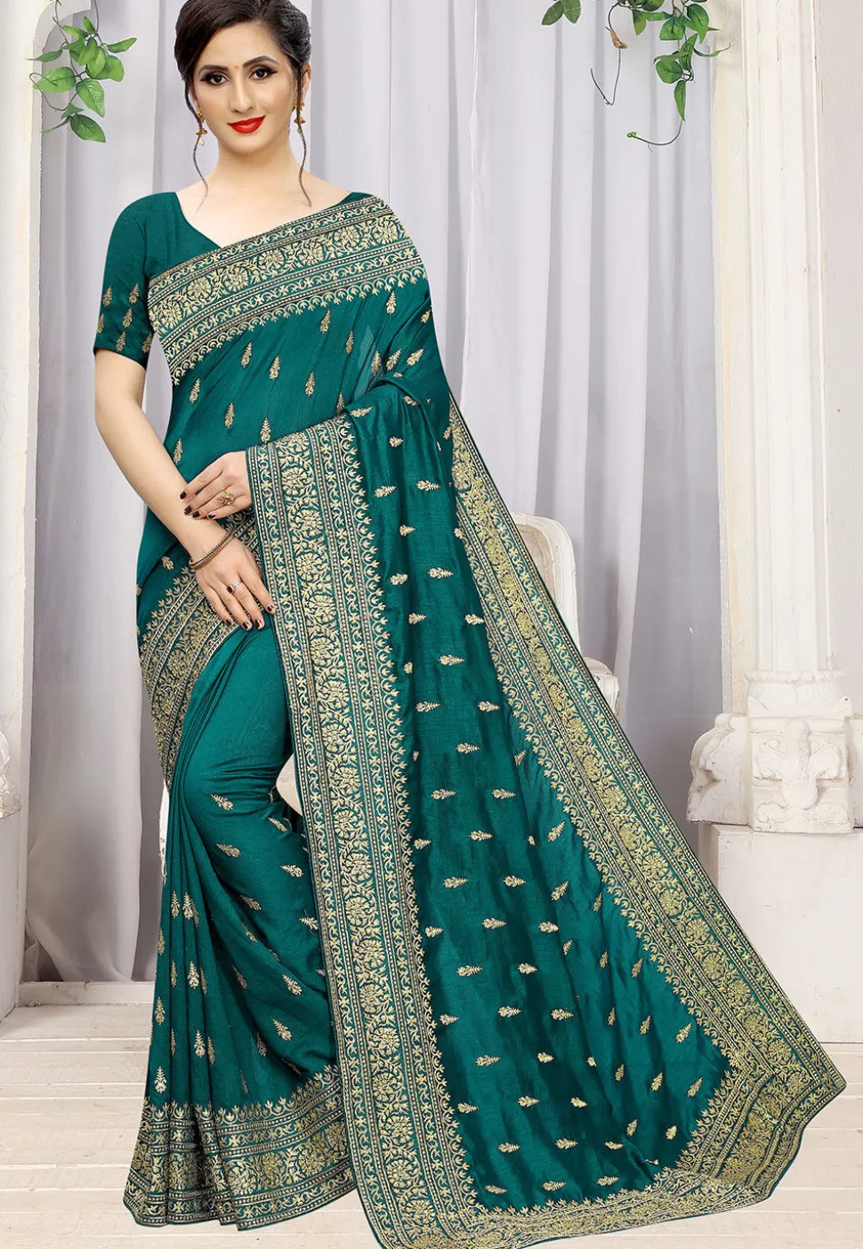 Embroidered Art Silk Saree in Teal Blue