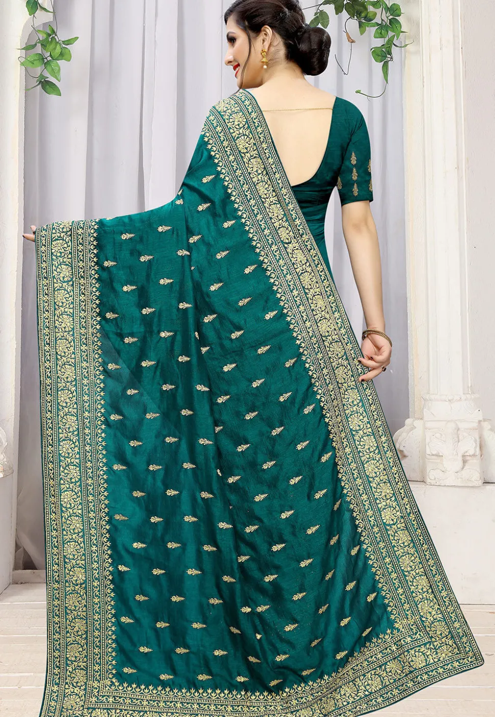 Embroidered Art Silk Saree in Teal Blue