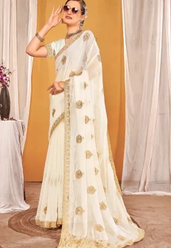 Embroidered Art Silk Saree in Off White