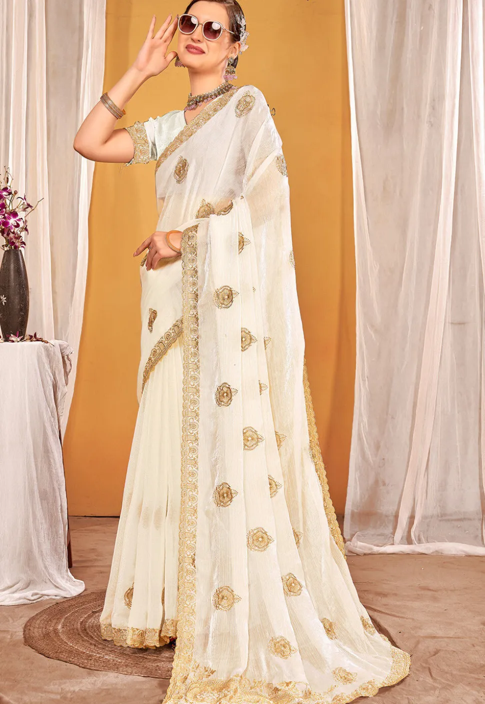 Embroidered Art Silk Saree in Off White