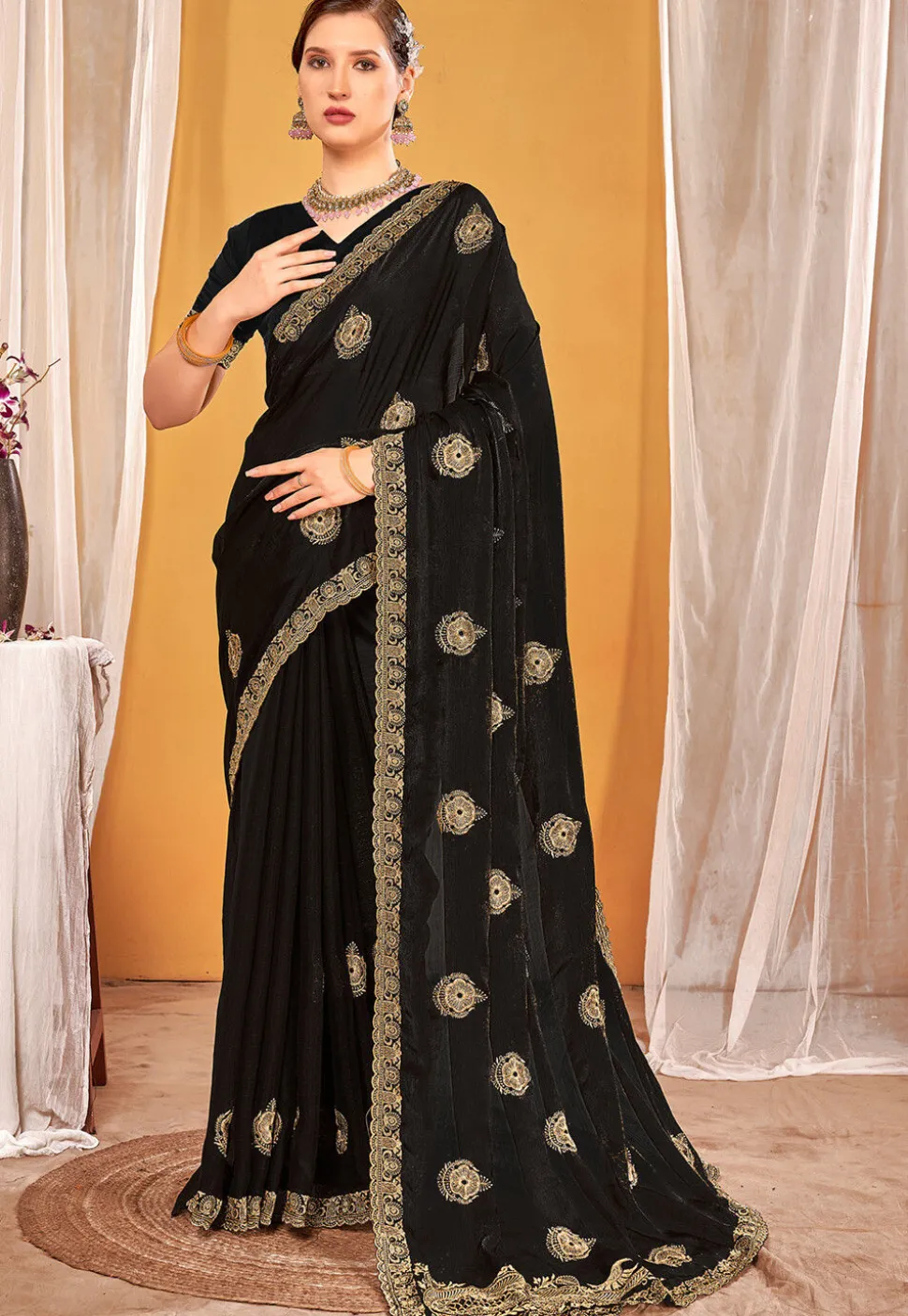 Embroidered Art Silk Saree in Black