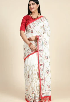 Embroidered Art Silk Saree in Off White