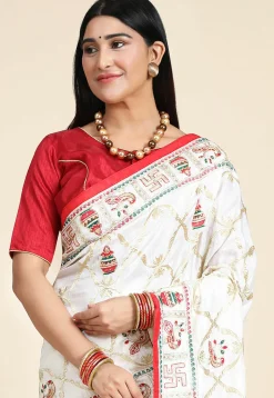 Embroidered Art Silk Saree in Off White