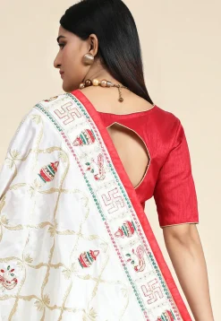 Embroidered Art Silk Saree in Off White