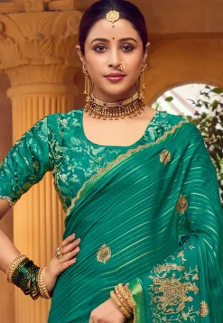 Embroidered Art Silk Saree in Teal Green