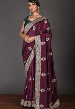 Embroidered Art Silk Saree in Dark Purple