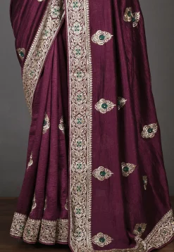 Embroidered Art Silk Saree in Dark Purple