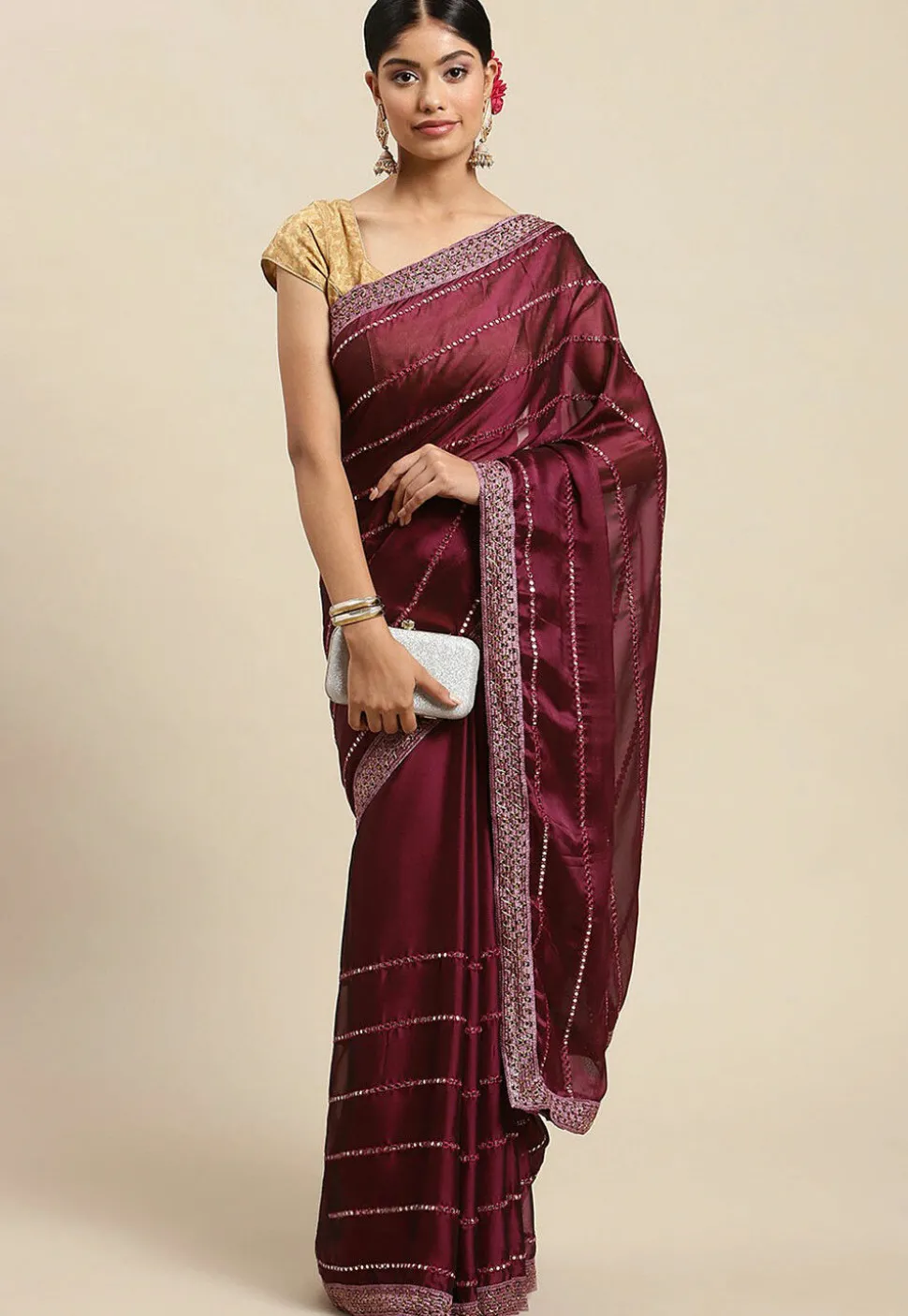 Embroidered Art Silk Saree in Wine