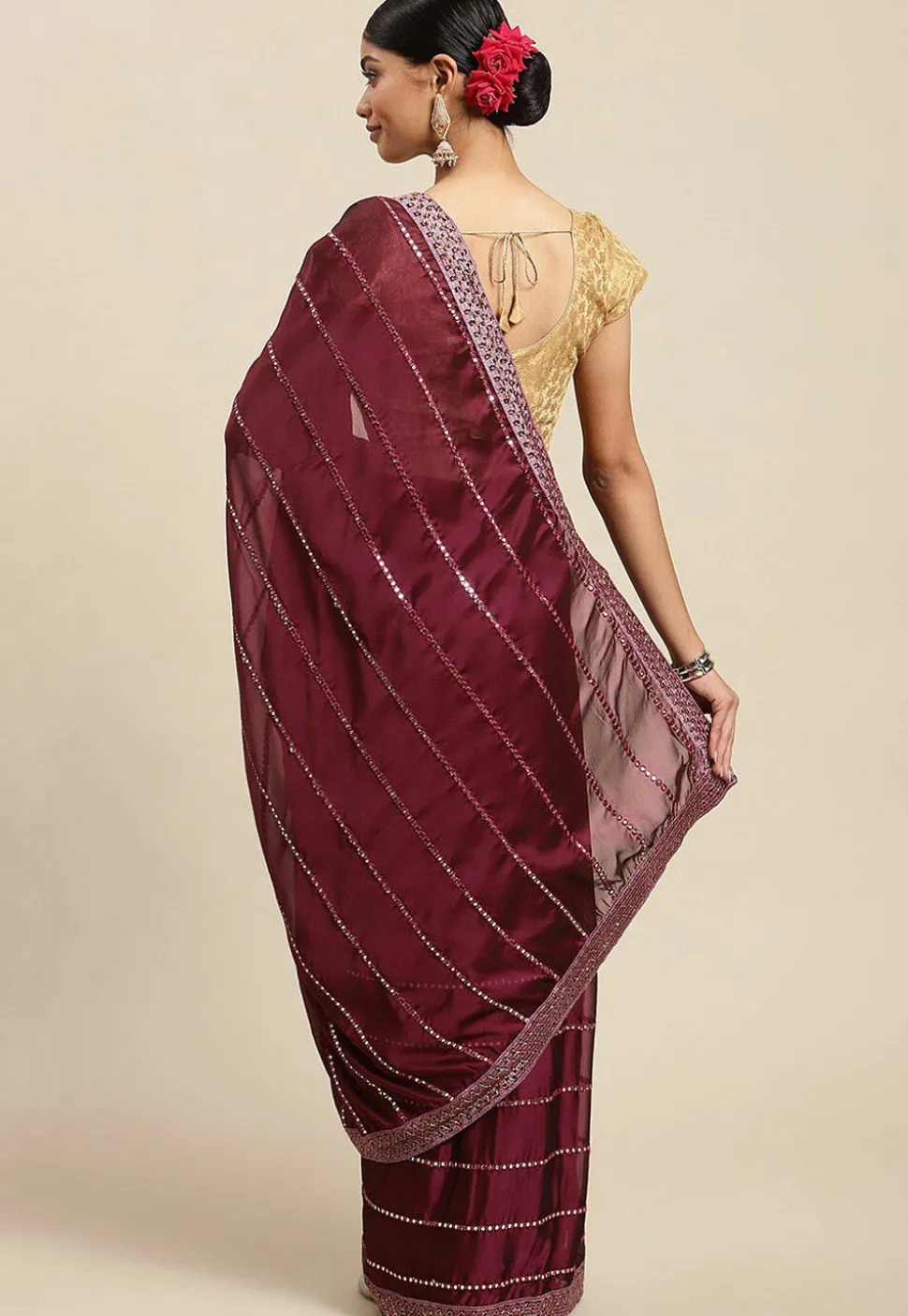 Embroidered Art Silk Saree in Wine