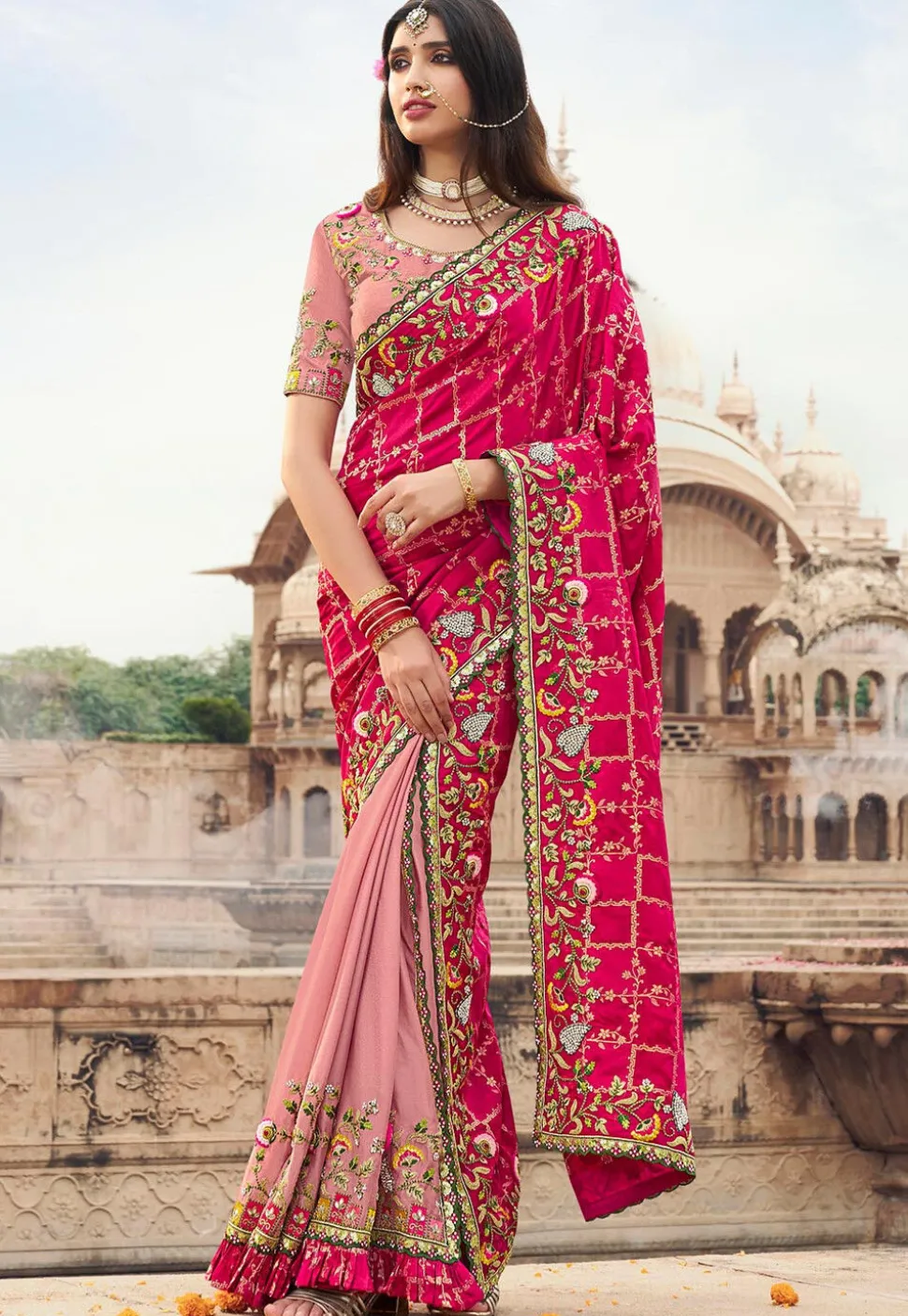 Embroidered Art Silk Saree in Fuchsia and Peach