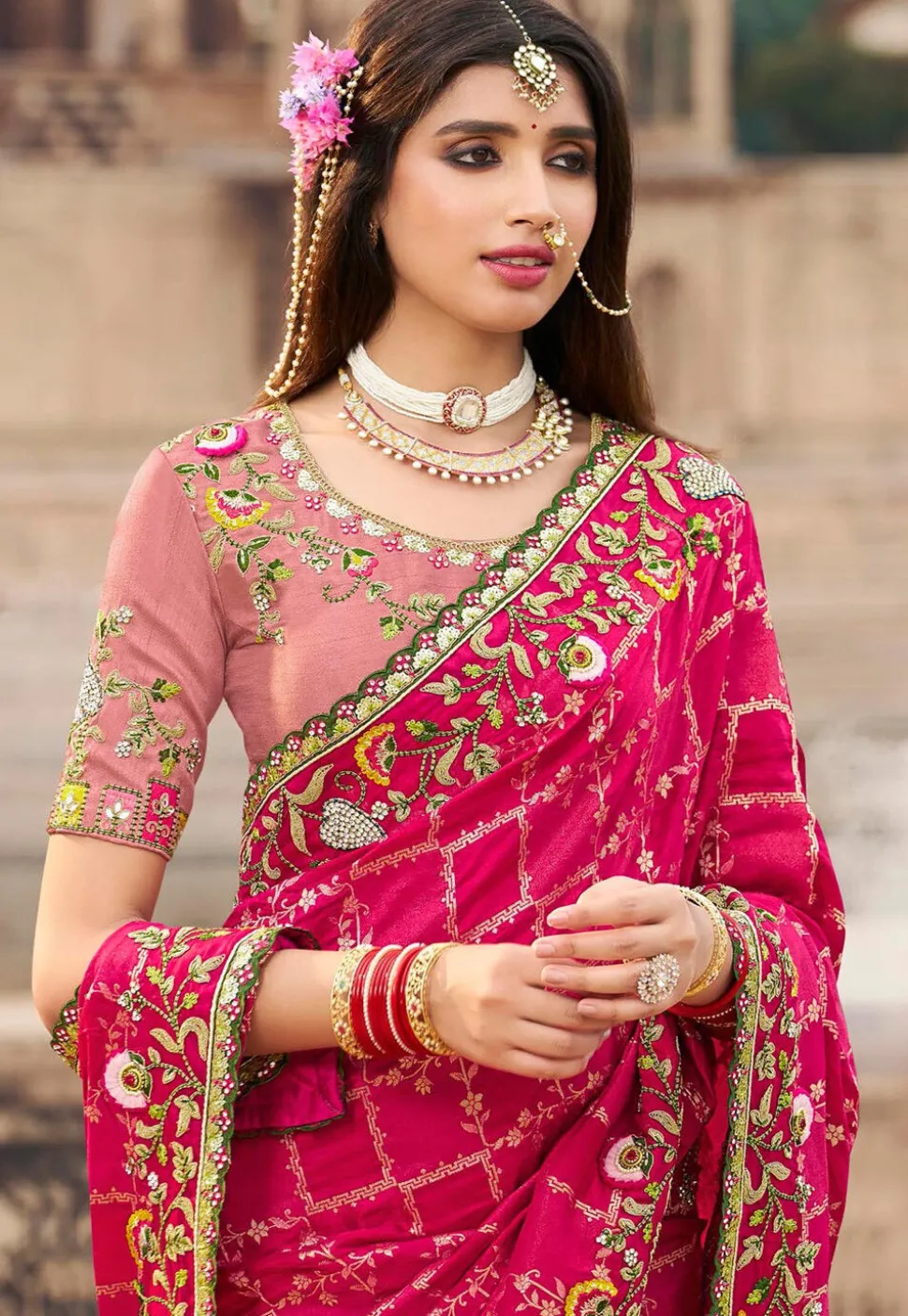 Embroidered Art Silk Saree in Fuchsia and Peach