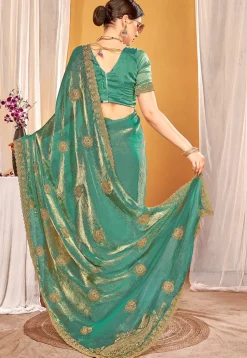 Embroidered Art Silk Saree in Teal Green