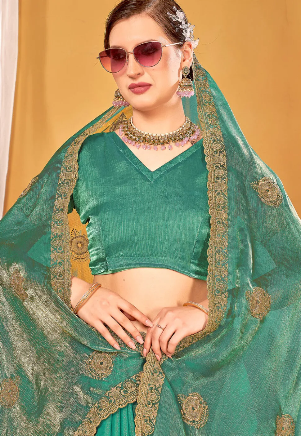 Embroidered Art Silk Saree in Teal Green