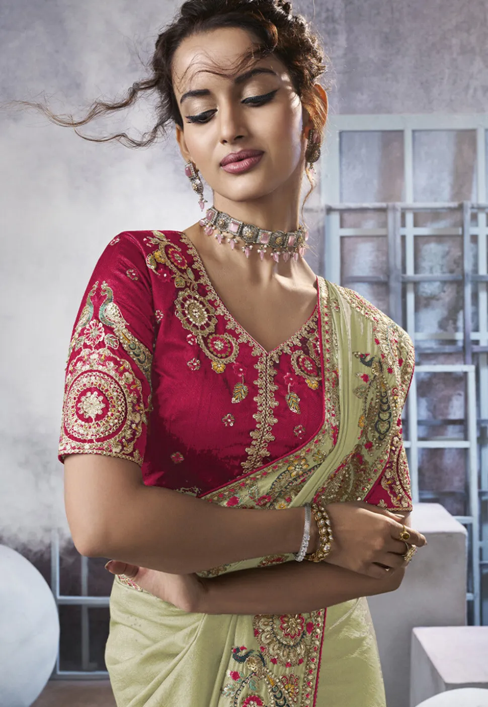 Embroidered Art Silk Saree in Light Green