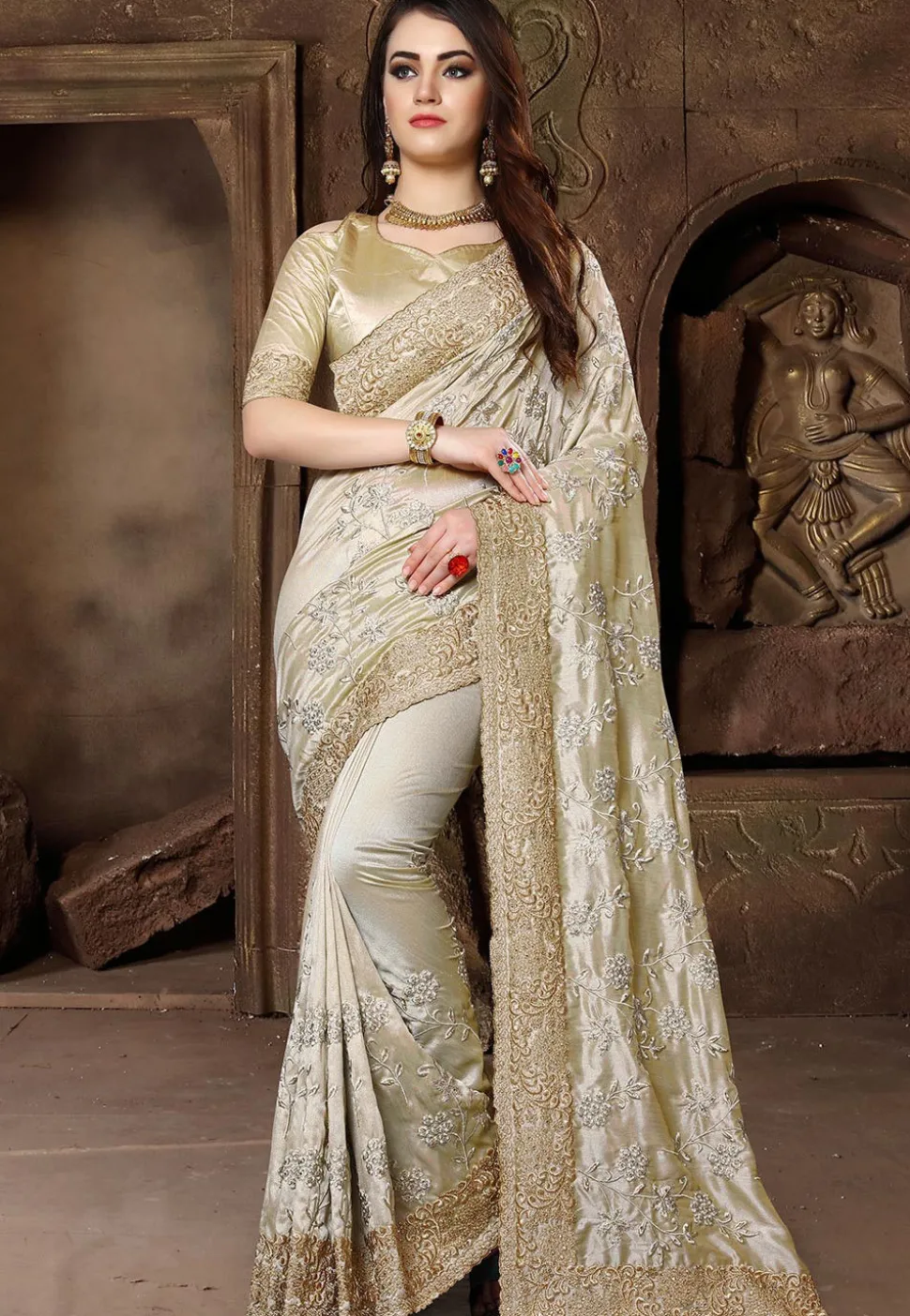Embroidered Art Silk Saree in Beige