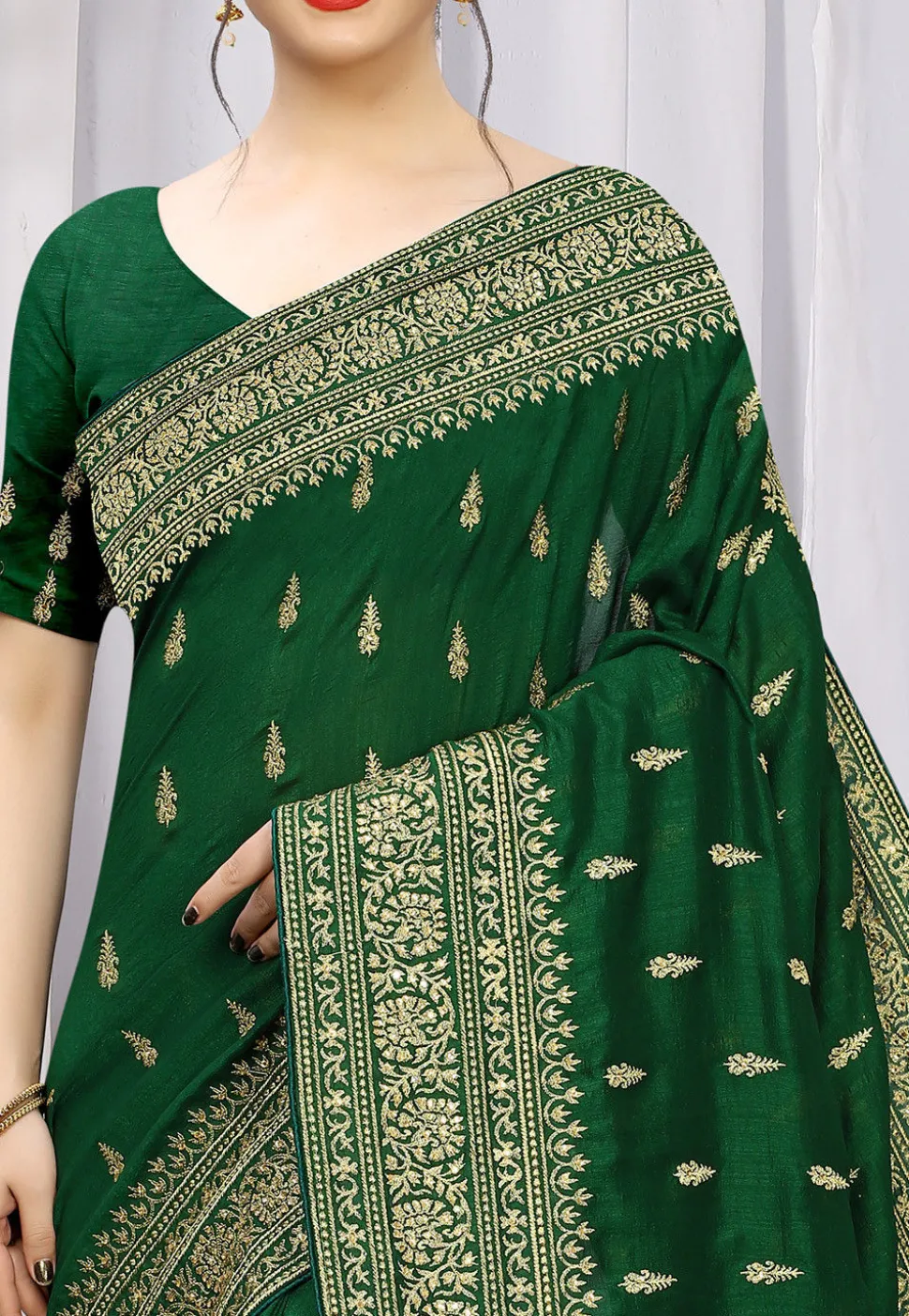 Embroidered Art Silk Saree in Dark Green