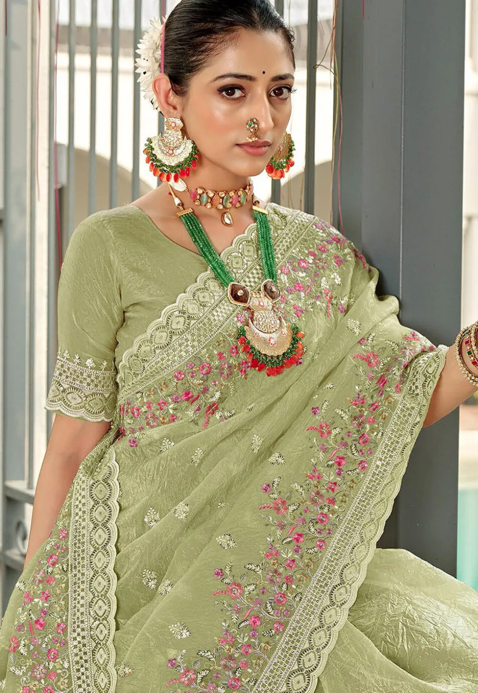 Embroidered Art Silk Saree in Light Green