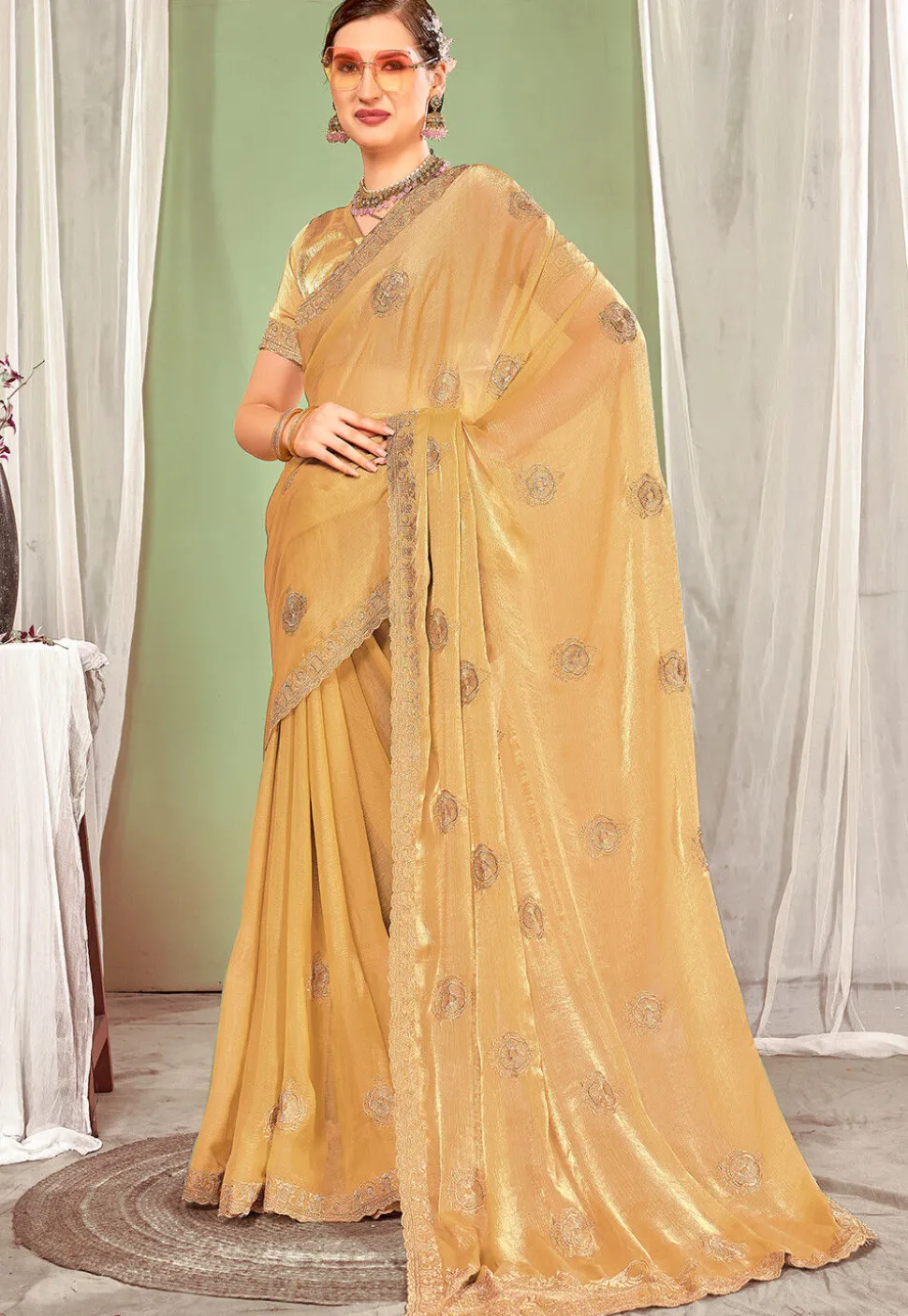 Embroidered Art Silk Saree in Yellow