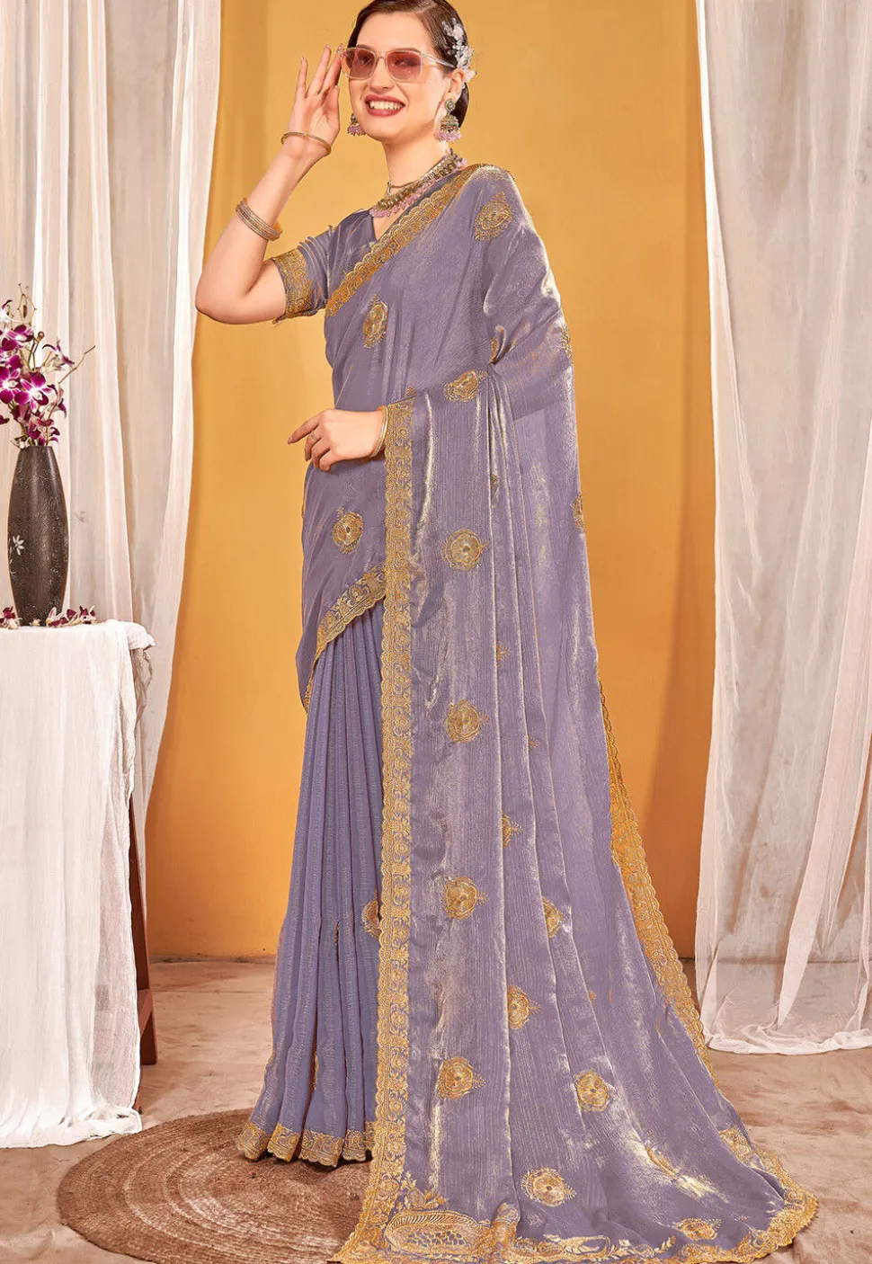 Embroidered Art Silk Saree in Purple