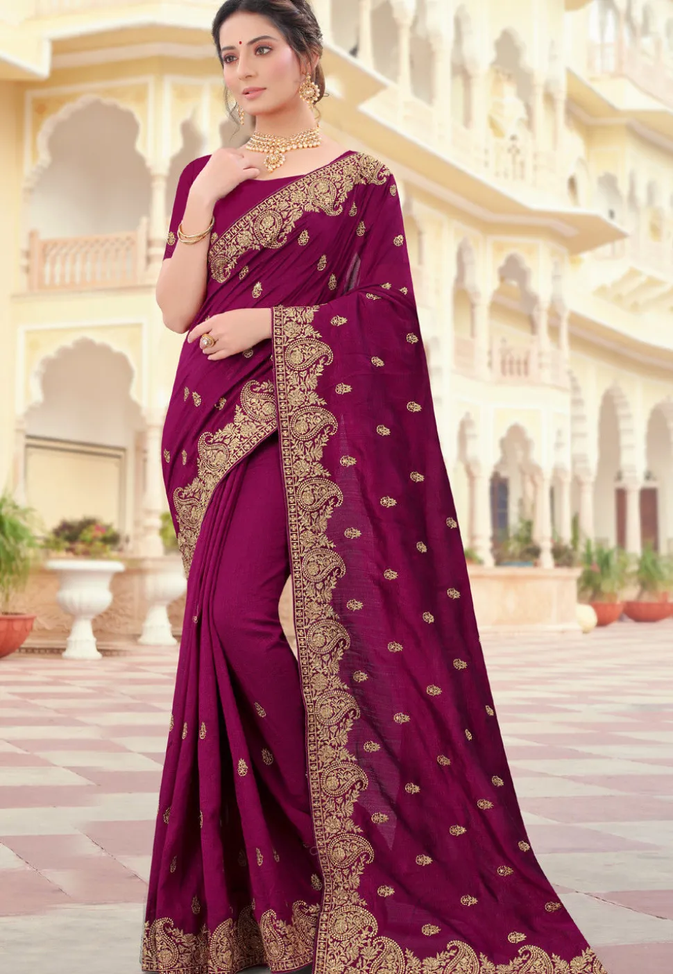 Embroidered Art Silk Saree in Magenta
