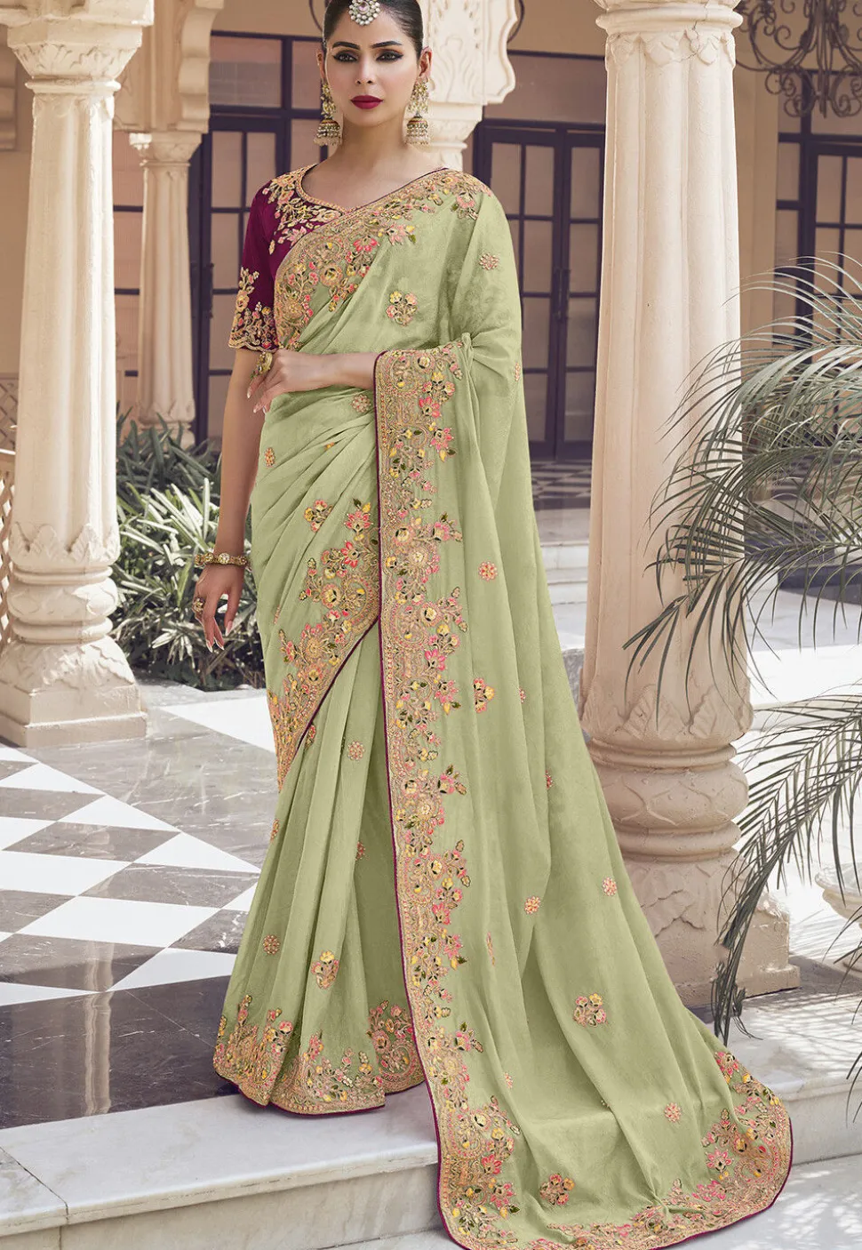 Embroidered Art Silk Saree in Light Green
