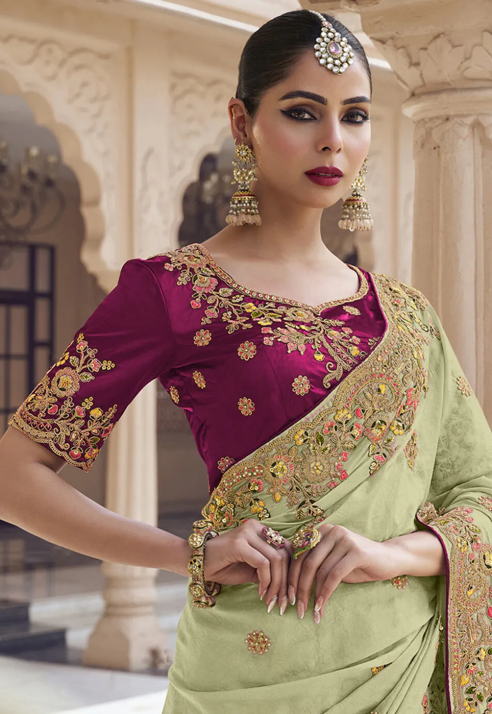 Embroidered Art Silk Saree in Light Green