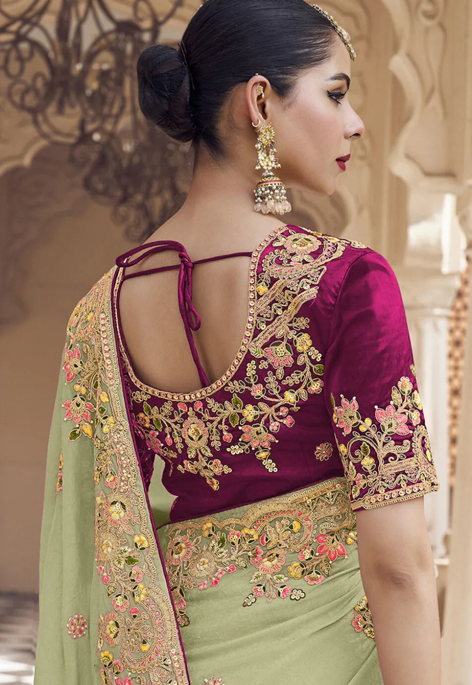 Embroidered Art Silk Saree in Light Green