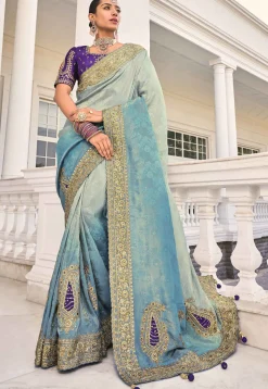 Embroidered Art Silk Saree in Blue Ombre