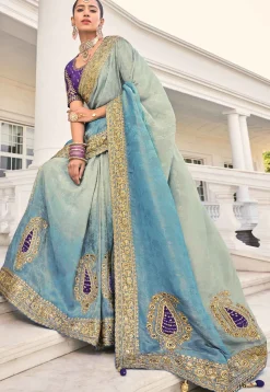 Embroidered Art Silk Saree in Blue Ombre