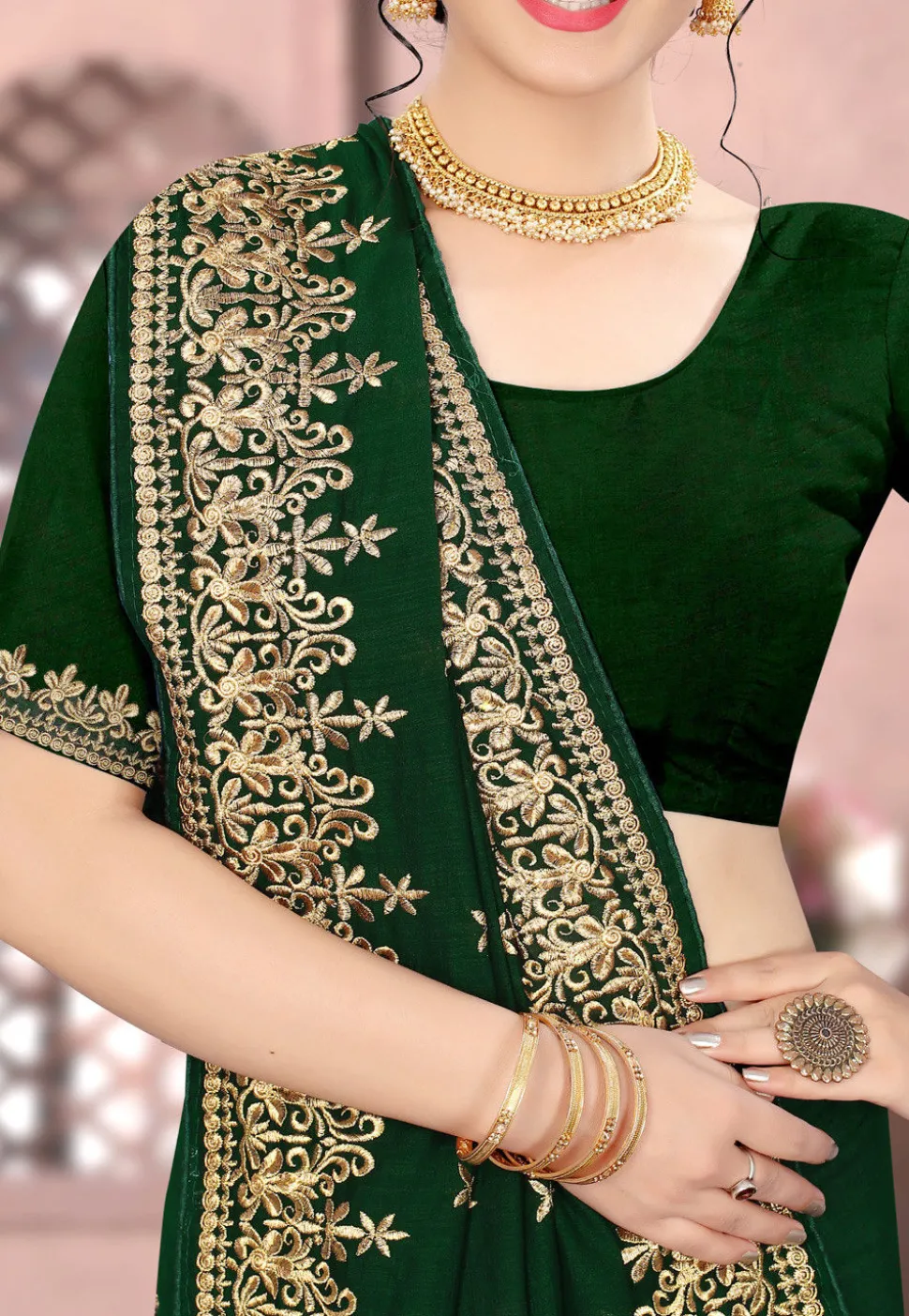 Embroidered Art Silk Saree in Green
