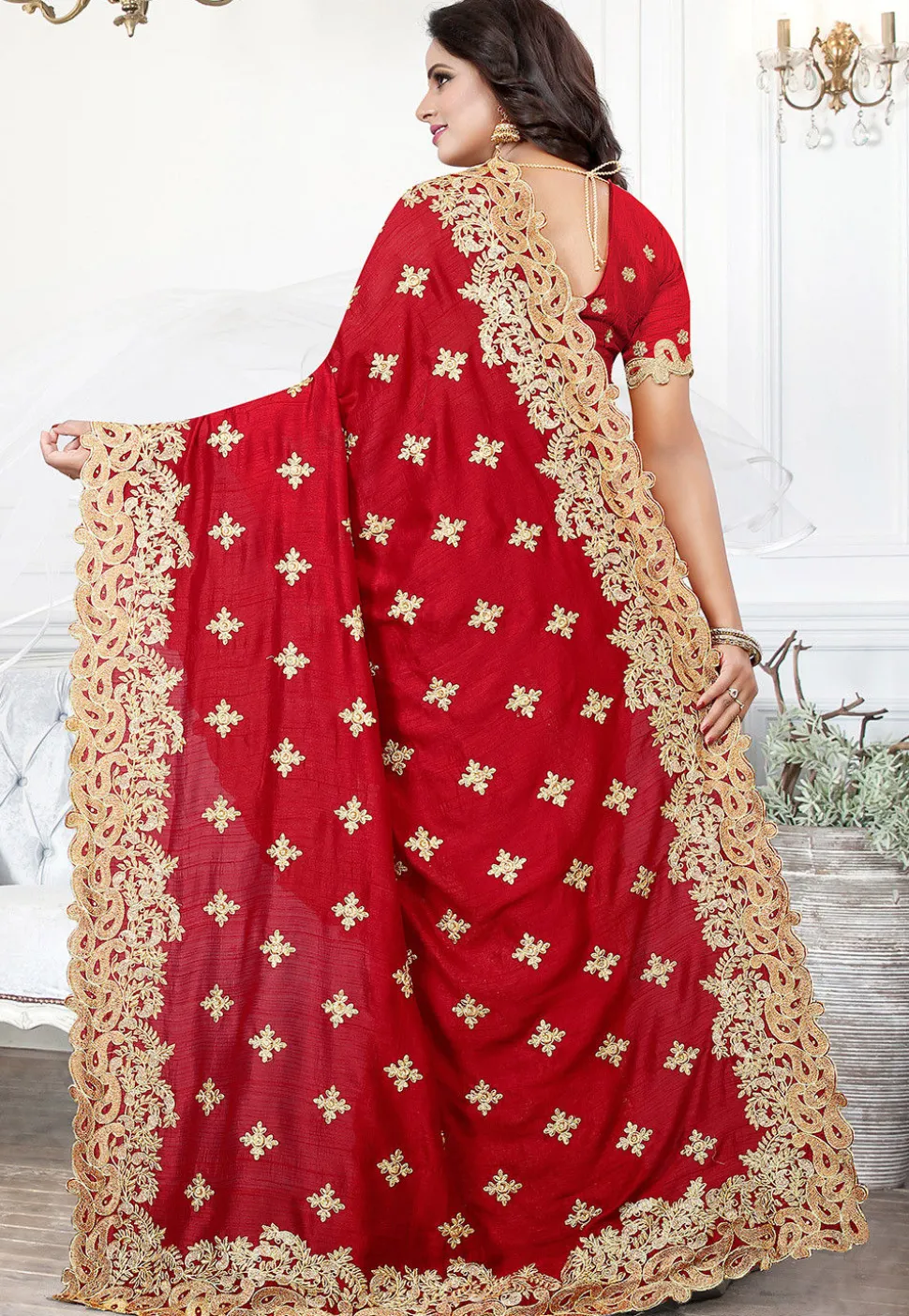 Embroidered Art Silk Saree in Red