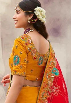 Embroidered Art Silk Saree in Red and Mustard