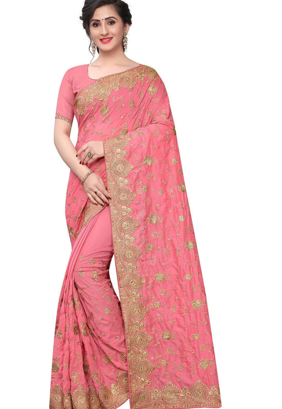 Embroidered Art Silk Saree in Dark Peach