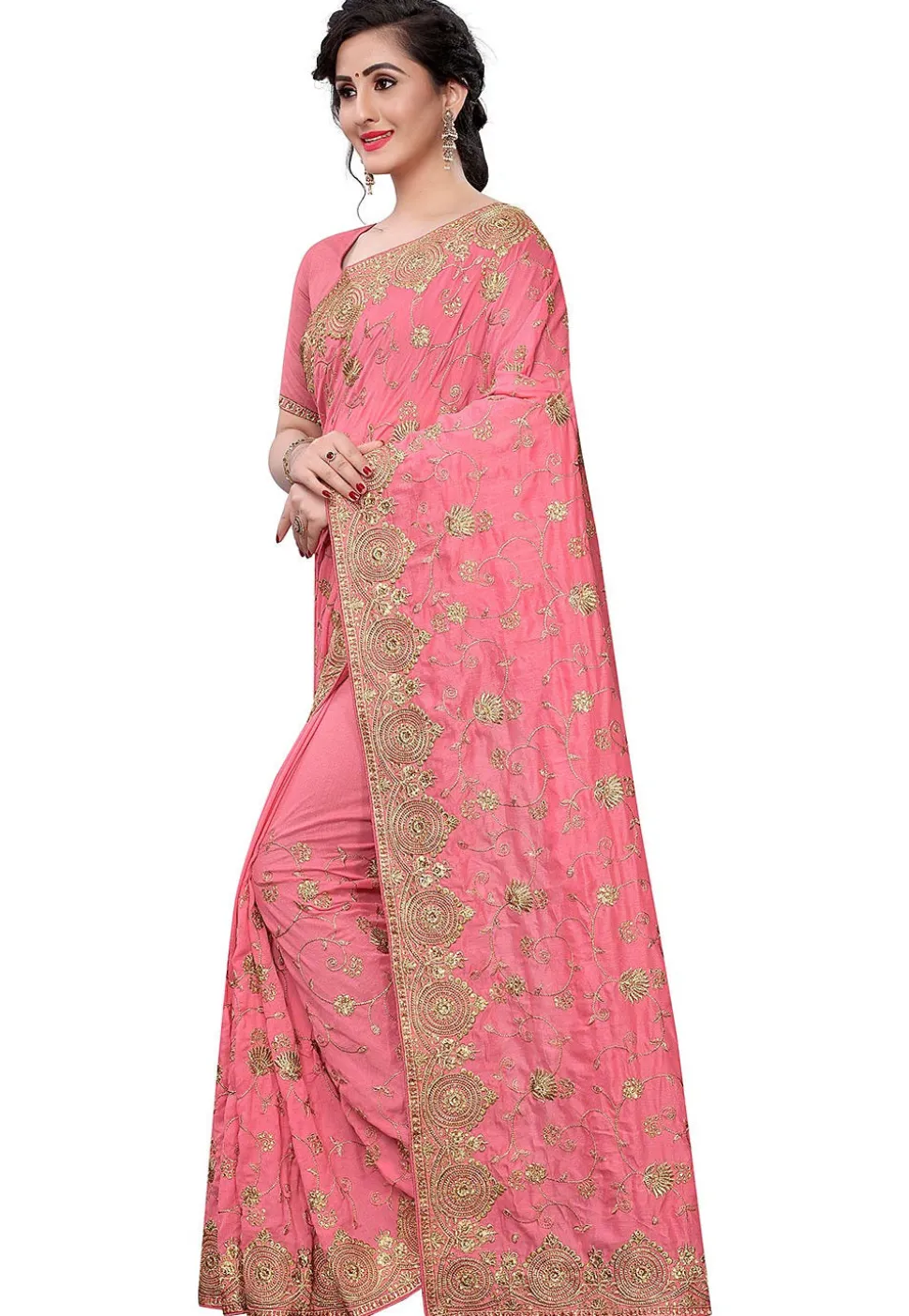 Embroidered Art Silk Saree in Dark Peach