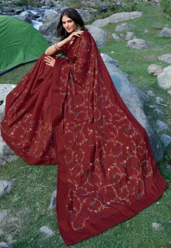 Embroidered Art Silk Saree in Maroon