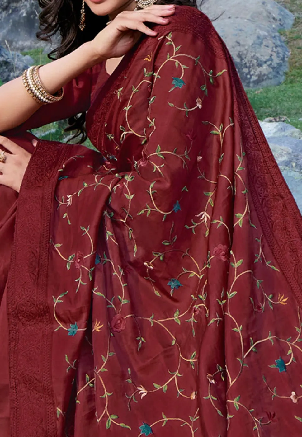 Embroidered Art Silk Saree in Maroon