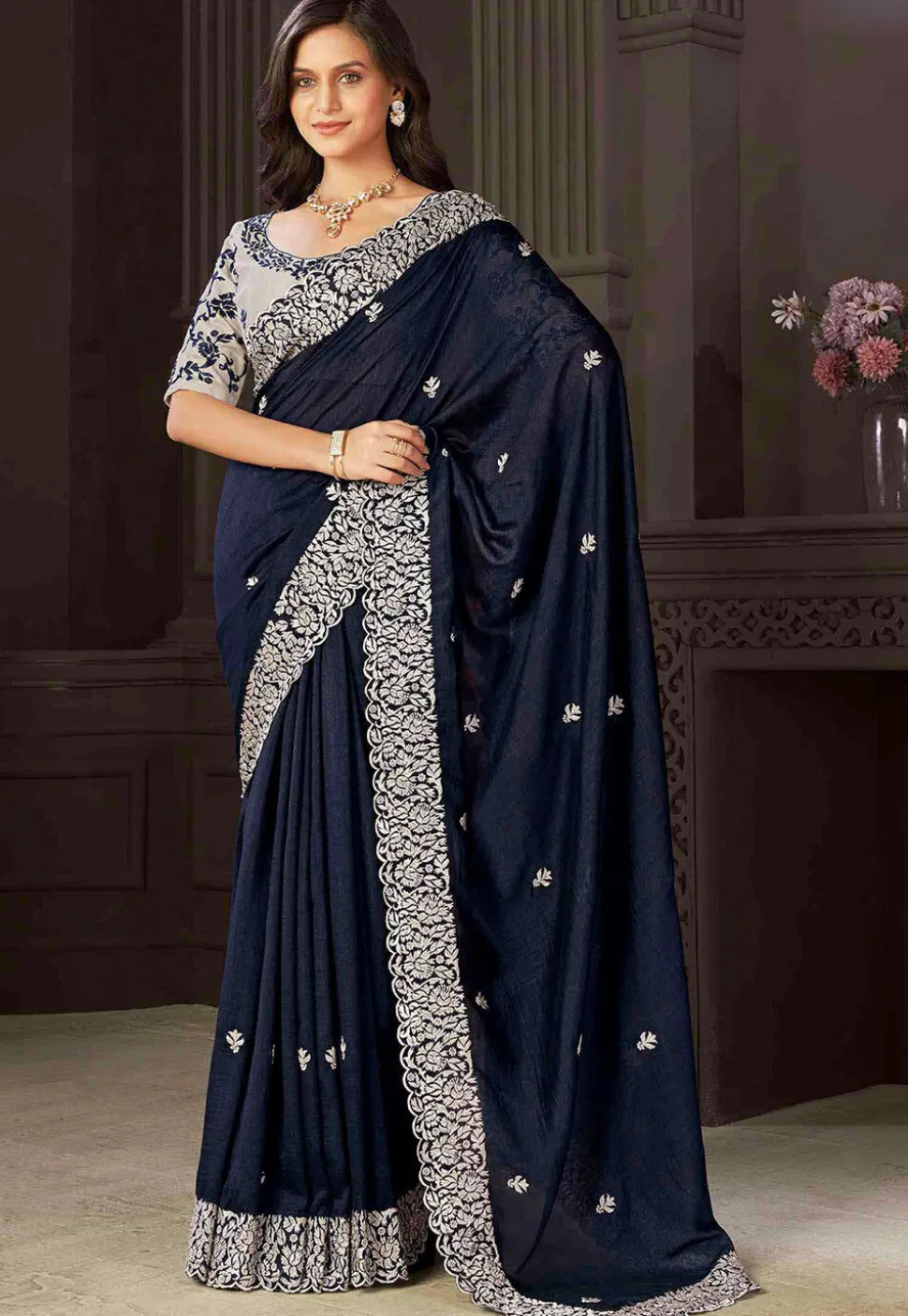 Embroidered Art Silk Scalloped Saree in Navy Blue