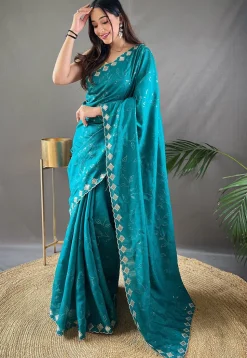 Embroidered Art Silk Scalloped Saree in Teal Blue
