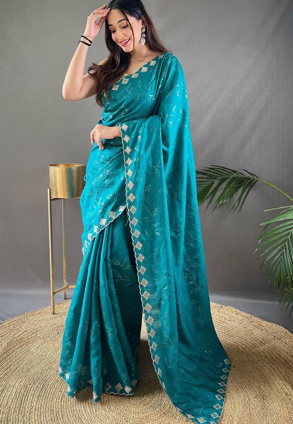 Embroidered Art Silk Scalloped Saree in Teal Blue