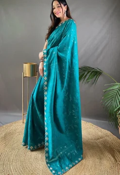 Embroidered Art Silk Scalloped Saree in Teal Blue
