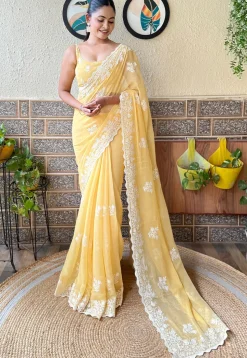 Embroidered Art Silk Scalloped Saree in Yellow
