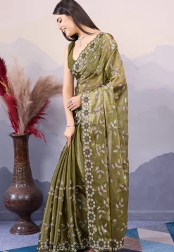 Embroidered Art Silk Scalloped Saree in Dark Olive Green