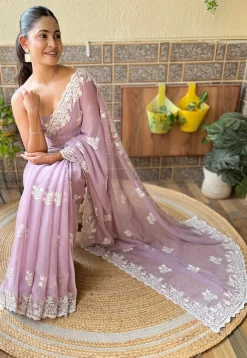 Embroidered Art Silk Scalloped Saree in Purple