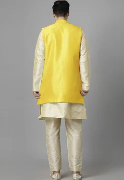 Embroidered Art Silk Sherwani in Light Beige and Yellow