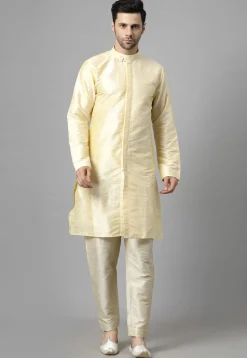 Embroidered Art Silk Sherwani in Light Beige and Yellow