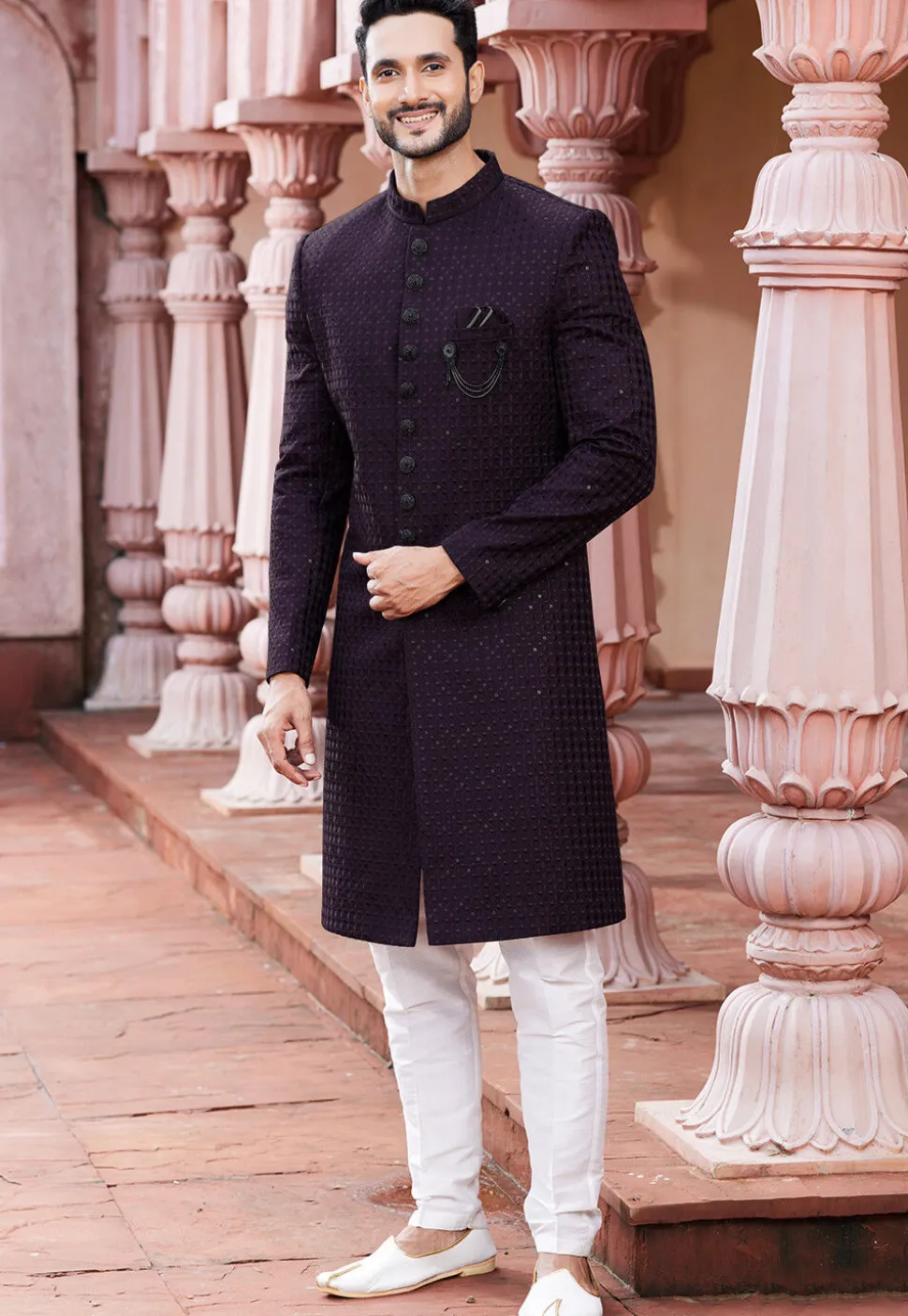 Embroidered Art Silk Sherwani in Wine