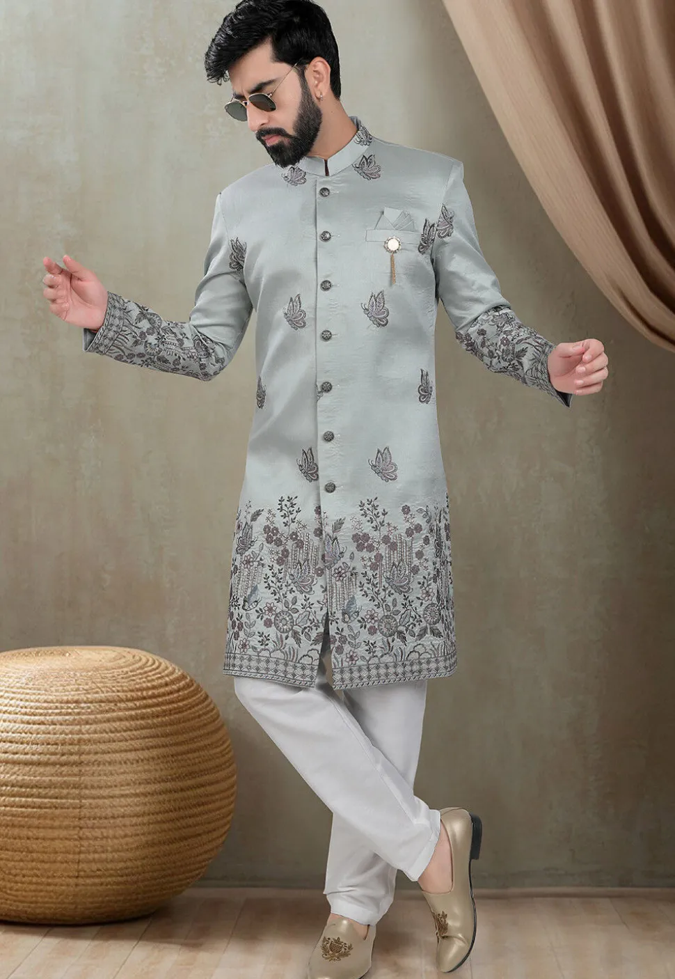 Embroidered Art Silk Sherwani in Grey