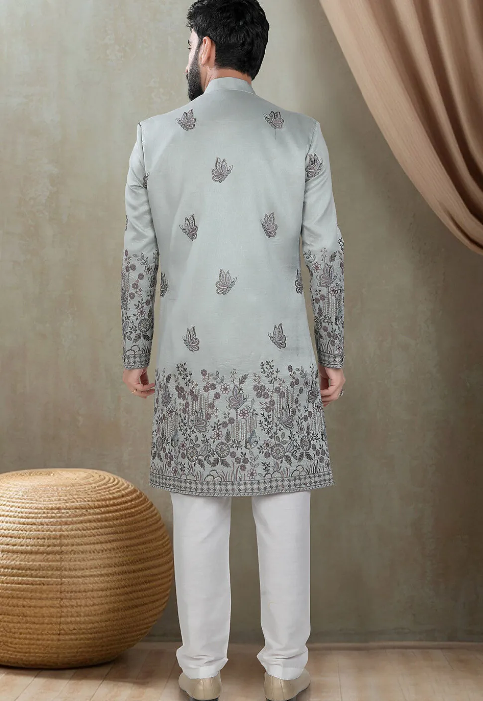 Embroidered Art Silk Sherwani in Grey